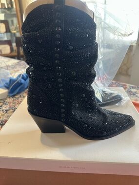 Jessica Simpson Black Crystal-Embellished Western Ankle Boots
